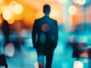Back view of a well-dressed, sophisticated man walking through the city streets of Philadelphia at night.