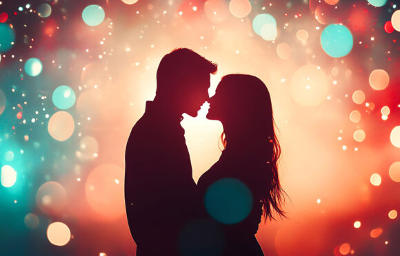 Couple leaning in for a kiss in Philadelphia, surrounded by lights and color, representing learning each other’s love languages.