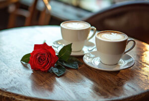 Two full coffee cups being served with a rose for a first date in a Philadelphia coffee shop.