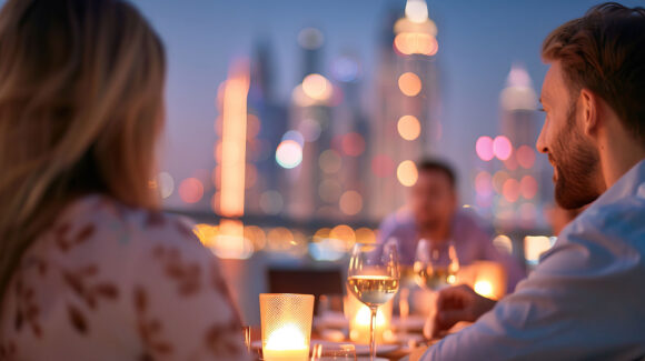 Romantic rooftop date night overlooking the Philadelphia skyline at sunset.