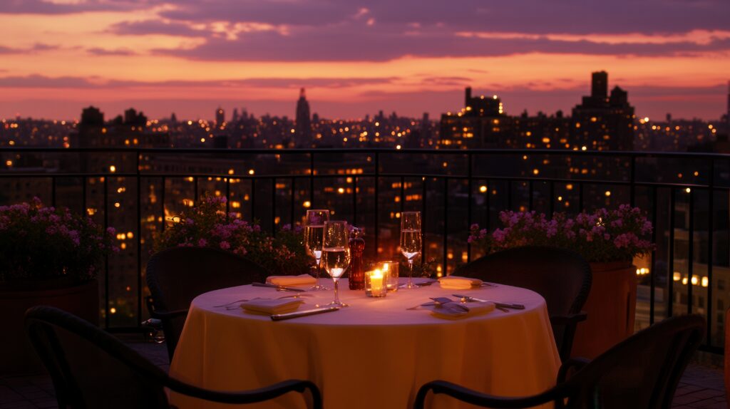 Romantic rooftop dinner setting with New York City skyline at sunset