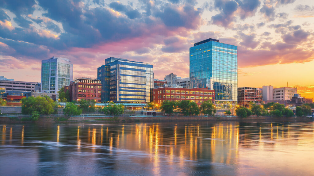 Panorama of Wilmington, Delaware at sunset.